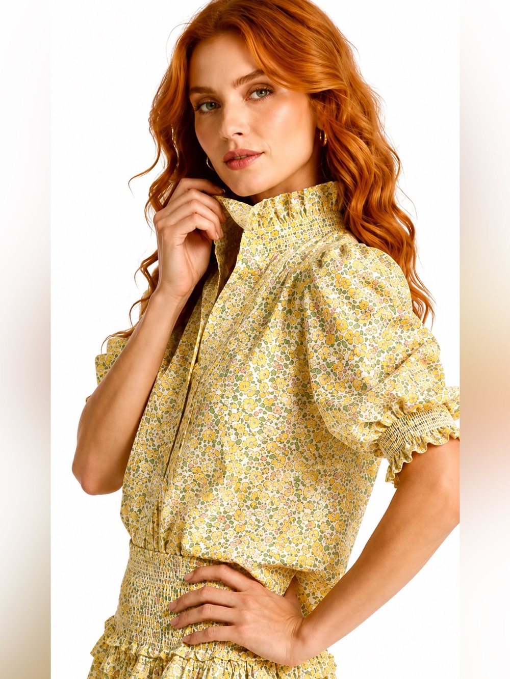 Love the Label Liberty Fabric Floral Ruffle Blouse Yellow Pink Cottagecore S